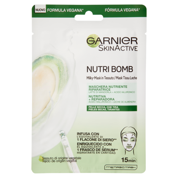 Garnier Maschera in Tessuto Nutriente Riparatrice NutriBomb, Pelli Molto Secche, Latte di Mandorla