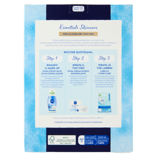 Nivea Essentials Skincare Struccante Occhi 125 ml + Labello Hydro Care 4,8 g + Crema Giorno 50 ml