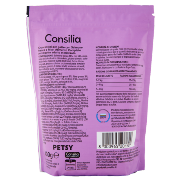Consilia Petsy Gatto Sterilizzato Croccantini con Salmone Fresco e Riso 400 g