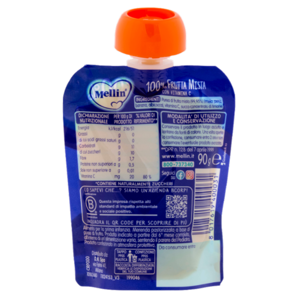 MELLIN Merenda di Frutta 100% Frutta Mista con Mela, Pera, Banana Albicocca, dal 6° mese, Pouch 90 g