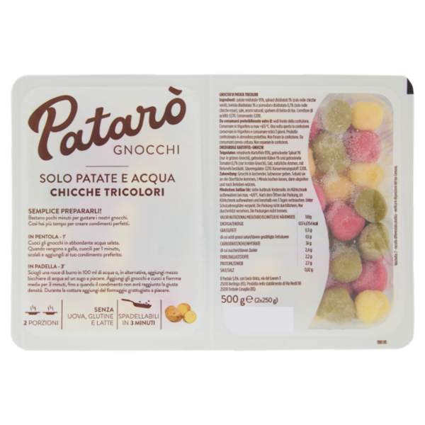 Patarò Gnocchi Solo Patate e Acqua Chicche Tricolori 2 x 250 g