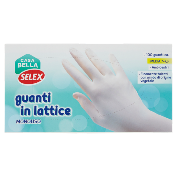 Selex Casa Bella Guanti Monouso in Lattice Naturale Misura Media (7-7,5) Dispenser 100 pezzi