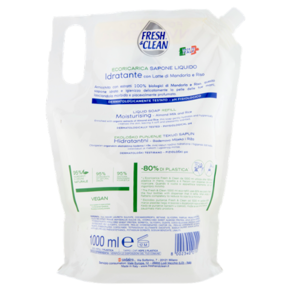 Fresh & Clean Sapone Liquido Idratante Latte di Mandorla e Riso Ecoricarica 1000 ml