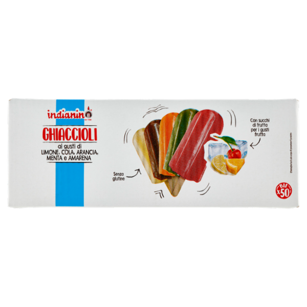 indianino Ghiaccioli ai gusti di Limone, Cola, Arancia, Menta e Amarena 50 x 75 g