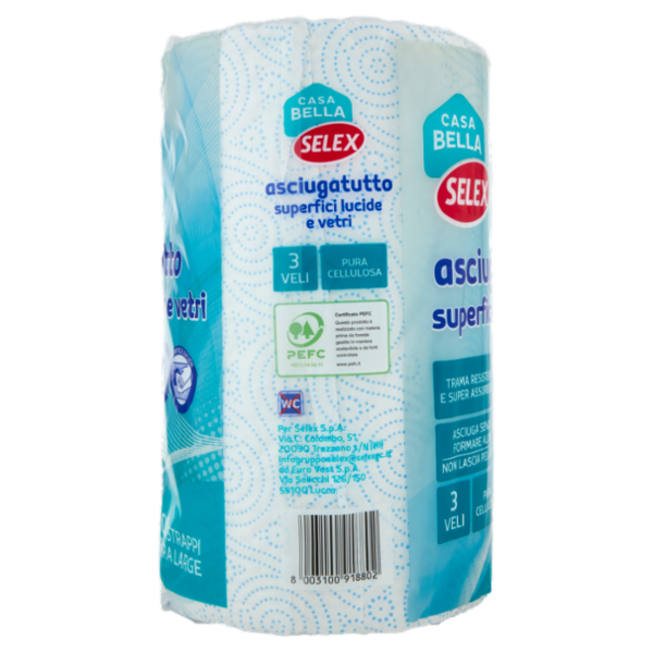 Selex Casa Bella Asciugatutto 3 Veli per Superfici Lucide e Vetri Bobina 100 Strappi