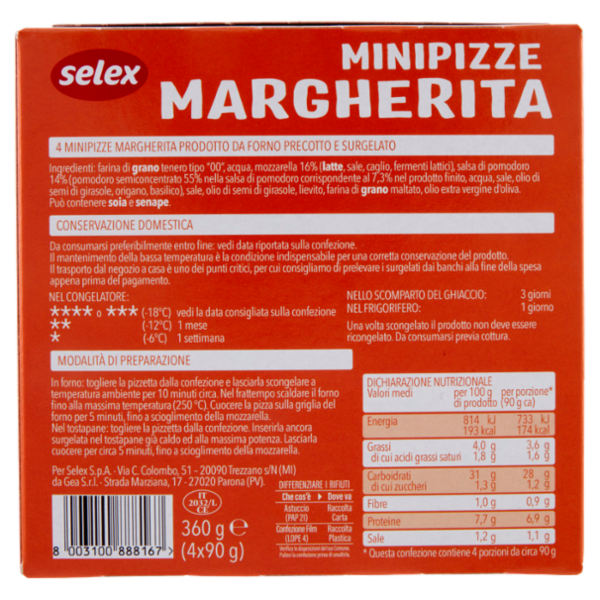 Selex Pizzette Margherita Surgelate 4x90 g