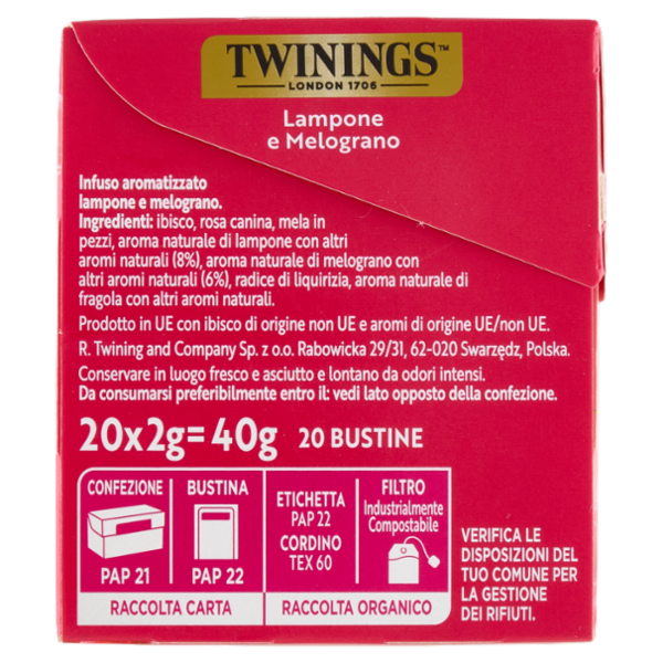 Twinings Lampone e Melograno Infuso Sensations 20 filtri 40 g