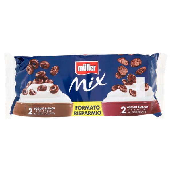 müller Mix 2 Yogurt Bianco Più Anelli al Cioccolato+2 Yogurt Bianco Più Fiocchi al Cioccolato 4x150g