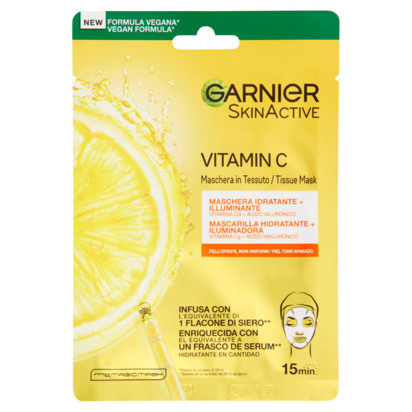 Garnier Maschera in Tessuto Hydra Bomb,Idratante e Illuminante,Con Vitamina C,Pelli Non Uniformi 28g