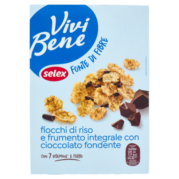 Selex Vivi Bene Fiocchi di Riso e Frumento Integrale con Riccioli di Cioccolato Fondente 300 g