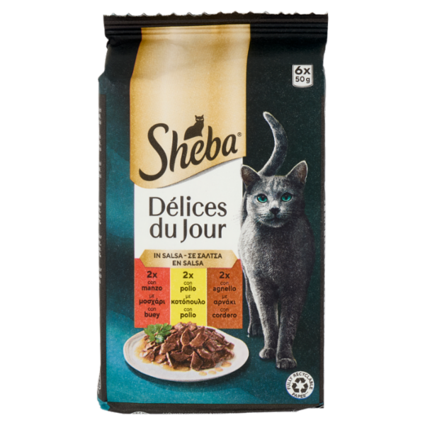 Sheba Délices du Jour Cibo Umido Gatto in Salsa con Manzo, Pollo e Agnello 6 x 50 g