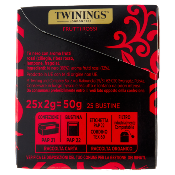 Twinings Frutti Rossi Tè Nero aromatizzato alla Fragola, Ciliegia, Ribes Lampone 25 filtri The 50 g