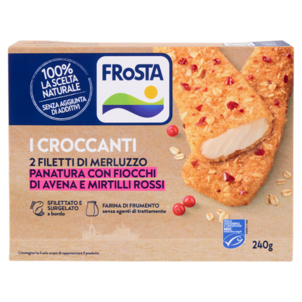 FRoSTA i Croccanti 2 Filetti di Merluzzo Panatura con Fiocchi di Avena e Mirtilli Rossi 240 g