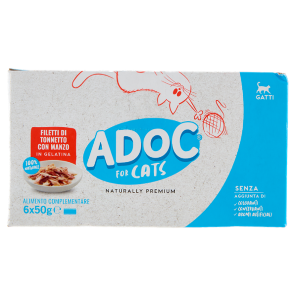 ADoC For Cats Naturally Premium Filetti di Tonnetto con Manzo in Gelatina 6 x 50 g