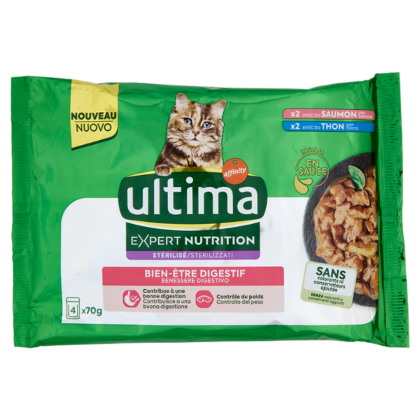 ultima Expert Nutrition Cat Sterilizzati Benessere Digestivo con Salmone, con Tonno in Salsa 4 x 70g