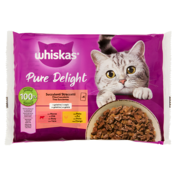 Whiskas Pure Delight Cibo Umido Gatto Succulenti Straccetti in Gelatina con Manzo e Pollo 4x85g