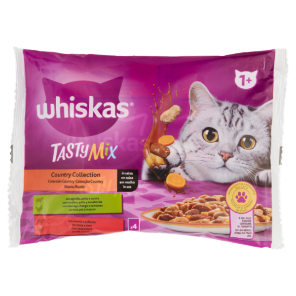 Whiskas Tasty Mix Country Collection in salsa con agnello pollo e carote, con manzo e pollame 4x85g