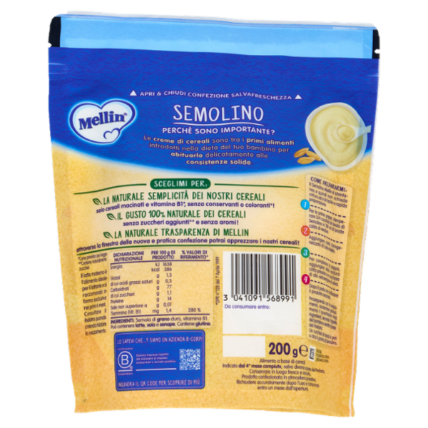 MELLIN Semolino, Confezione Apri&Chiudi, dall'inizio dello Svezzamento, 200g