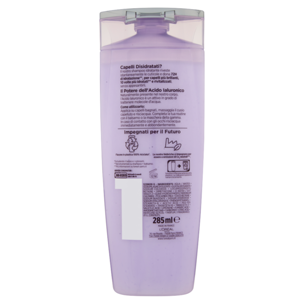 L'Oréal Paris Elvive Hydra Hyaluronic, Shampoo 72H Idratazione Profonda, con Acido Ialuronico, 285ml