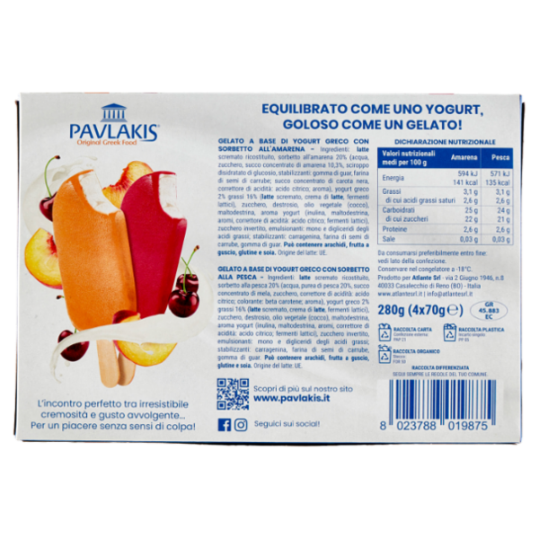 Pavlakis Gelati di Yogurt Greco ai Gusti Pesca e Amarena 4 x 70 g