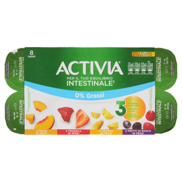 ACTIVIA Yogurt con Probiotico Bifidus, 0% Grassi, mix di gusti Pesca/Frag/Ananas/Frutti Bosco 8x125g