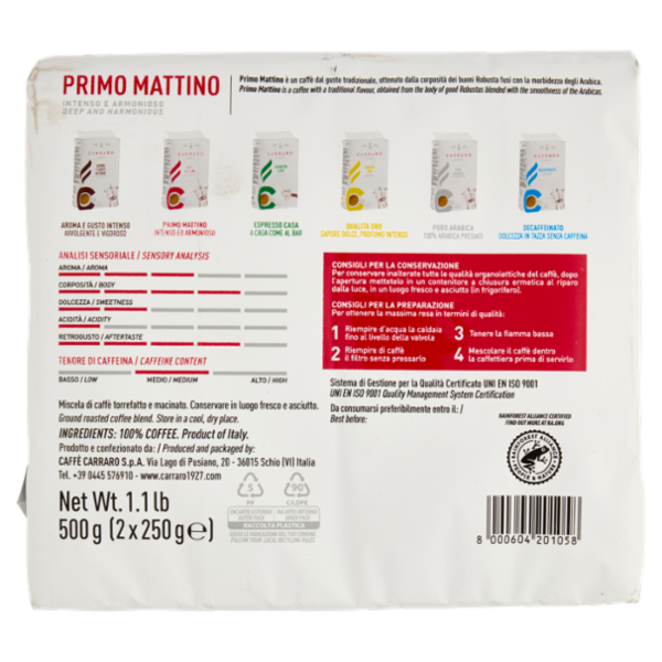 Carraro Primo Mattino Ground Coffee for Moka 2 x 250 g