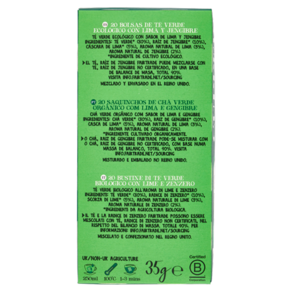 CUPPER Tè Verde Lime e Zenzero Biologico e Fairtrade, Tè Energizzante, 20 Bustine 35 g