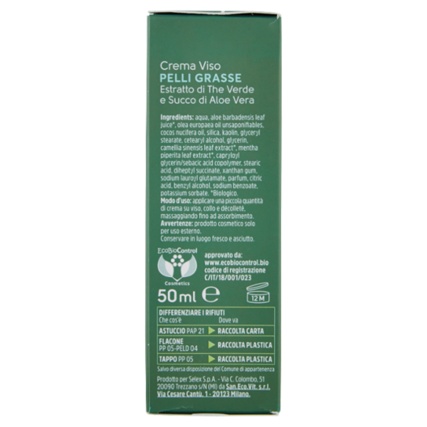 Armonia & Benessere Crema Viso per Pelli Grasse Bio con Estratto The Verde e Succo Aloe Vera 50 ml