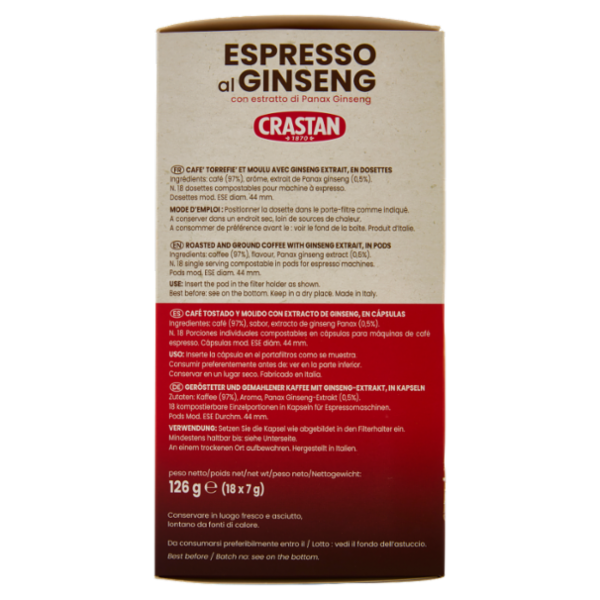 Crastan Espresso al Ginseng Cialde Compostabili per Macchine Espresso 18 x 7 g