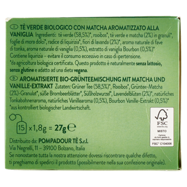 Pompadour NamasTe Tè Ayurvedico Biologico Tè Verde con Matcha 15 x 1,8 g