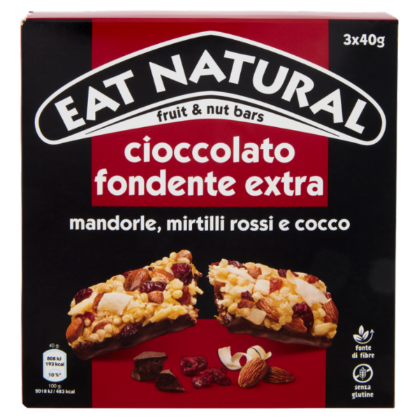 Eat Natural cioccolato fondente extra mandorle, mirtilli rossi e cocco 3 x 40 g