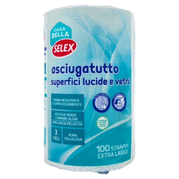 Selex Casa Bella Asciugatutto 3 Veli per Superfici Lucide e Vetri Bobina 100 Strappi