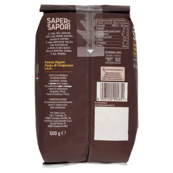 Selex Saper di Sapori Pasta di Semola di Gragnano I.G.P. Penne Rigate 500 g