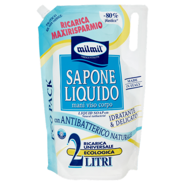 milmil Sapone Liquido con Antibatterico Naturale Ricarica Universale Ecologica 2 Litri