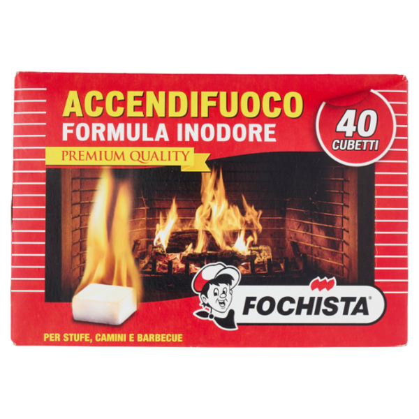 Fochista Accendifuoco Formula Inodore Premium Quality per Stufe, Camini e Barbecue Cubetti 40 pz