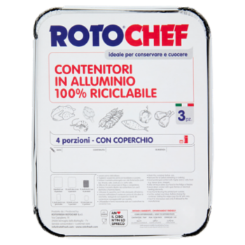 Rotochef Contenitori In Alluminio 100% Riciclabile 4 Porzioni - Con Coperchio 3 Pz