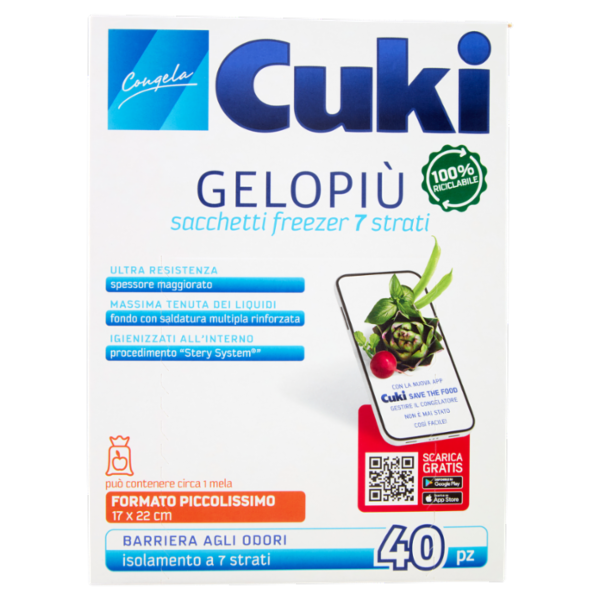 Cuki Congela Gelopiù sacchetti freezer 7 strati Formato Piccolissimo 17 x 22 cm 40 pz