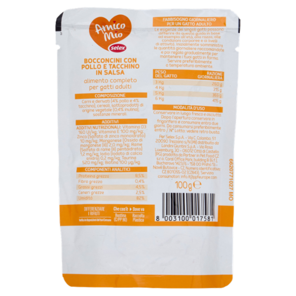 Selex Amico Mio Gatto Bocconcini con Pollo e Tacchino in Salsa 100 g