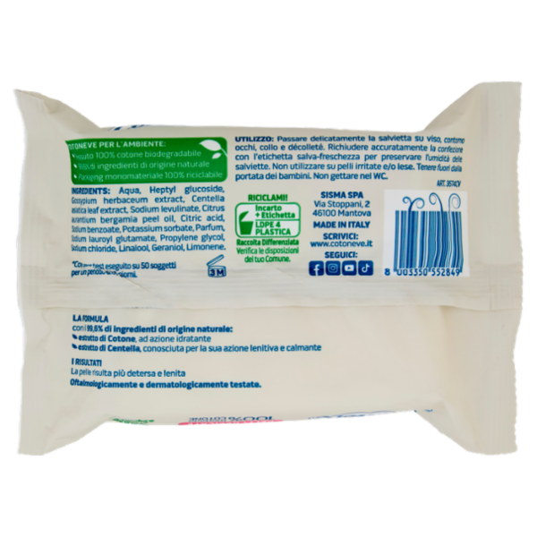 Cotoneve salviette struccanti con Estratto di Cotone e Centella Pelli Delicate 20 pz