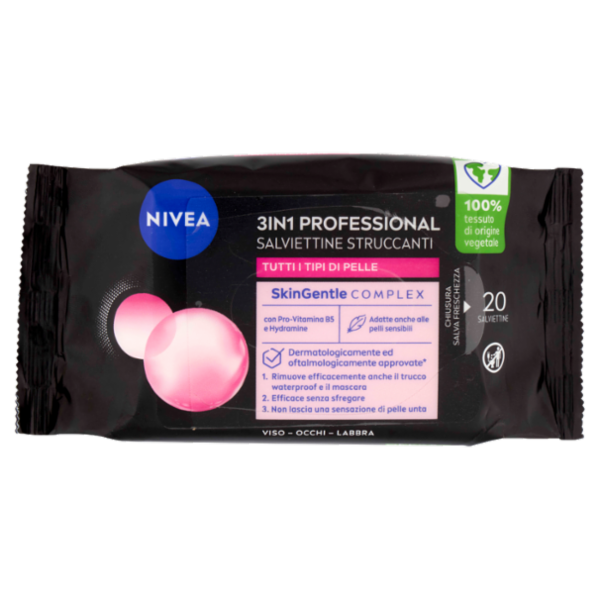 Nivea 3in1 Professional Salviettine Struccanti Tutti i Tipi di Pelle 20 pz