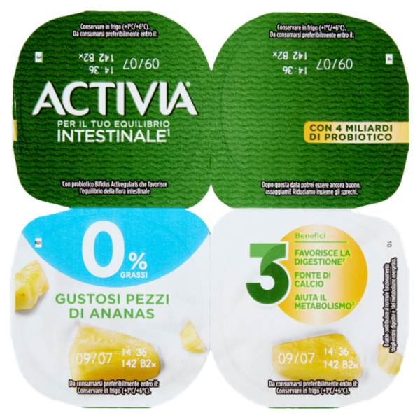ACTIVIA Yogurt con Probiotico Bifidus, 0% Grassi, gusto Ananas, 4x125g