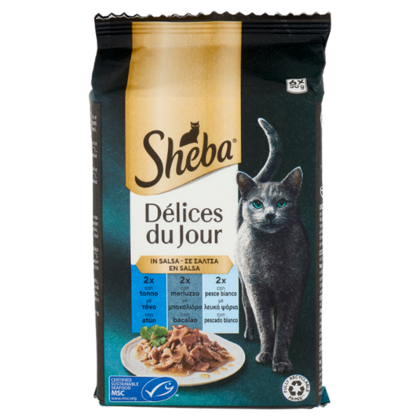 Sheba Délices du Jour Cibo Umido Gatto in Salsa con Tonno, Merluzzo e pesce bianco 6 x 50 g