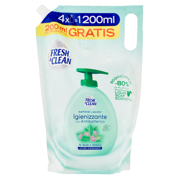 Fresh & Clean Crema Sapone Mani e Viso Igienizzante Tè Verde e Verbena ecoRicarica 1200 ml