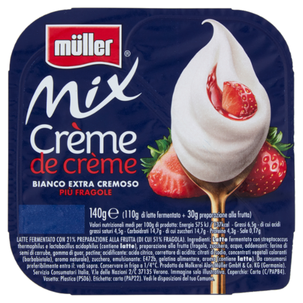 müller Mix Crème de crème Bianco Extra Cremoso Più Fragole 140 g