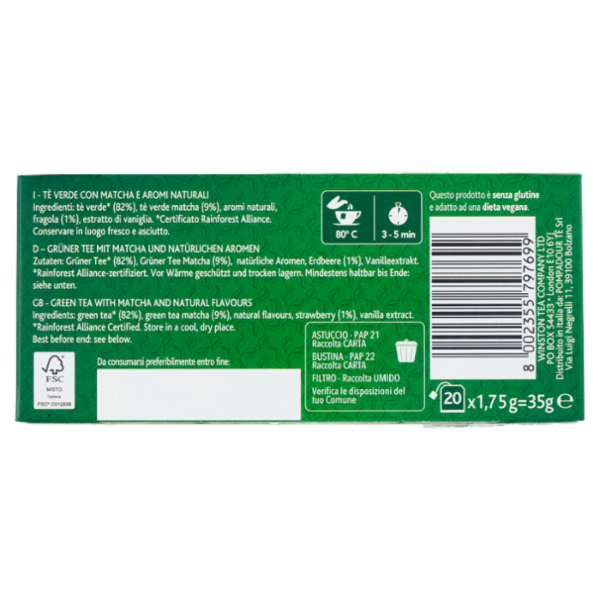 Sir Winston Tea Tè Verde con Matcha Fragola e Vaniglia 20 x 1,75 g