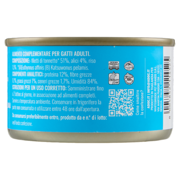 ADoC For Cats Naturally Premium Filetti di Tonnetto con Alicette in Gelatina 85 g