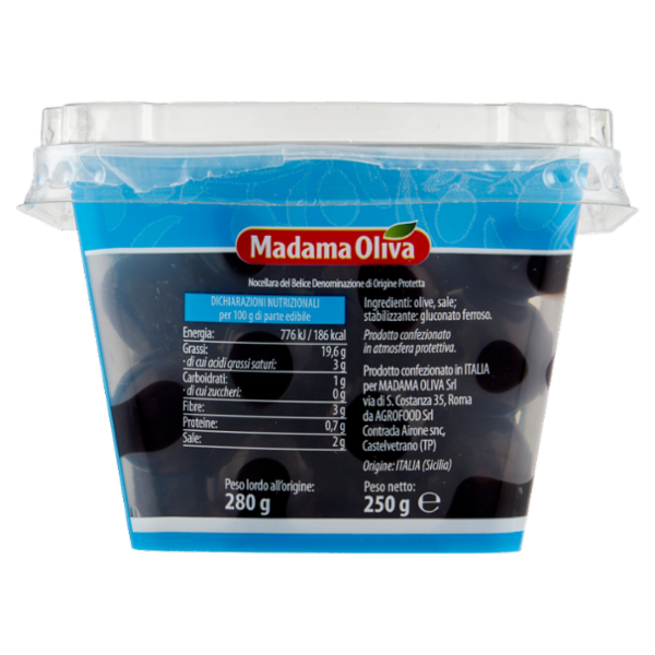Madama Oliva Frutto d'Italia Nocellara del Belice DOP Olive Dolci Nere 250 g