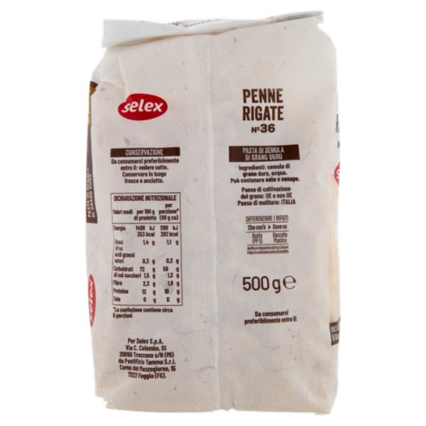Selex Pasta di Semola Trafilata al Bronzo Penne Rigate 500 g