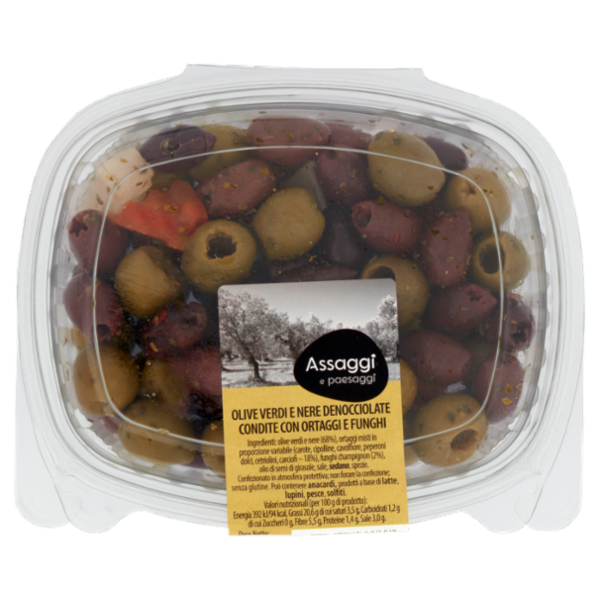 Assaggi e paesaggi Olive Verdi e Nere Denocciolate Condite con Ortaggi e Funghi 200 g