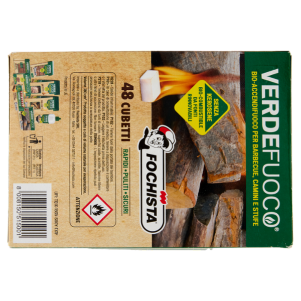 Fochista Verdefuoco Bio-Accendifuoco per Barbecue, Camini e Stufe Cubetti 48 pz